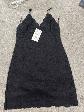 Zara Black Lace Slip Dress with Scalloped V-Neck